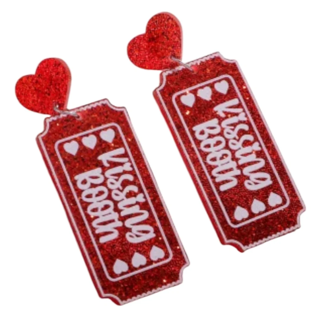 👋 Red Glitter Kissing Booth Ticket Dangle Earrings | Mix And Match 3/$20